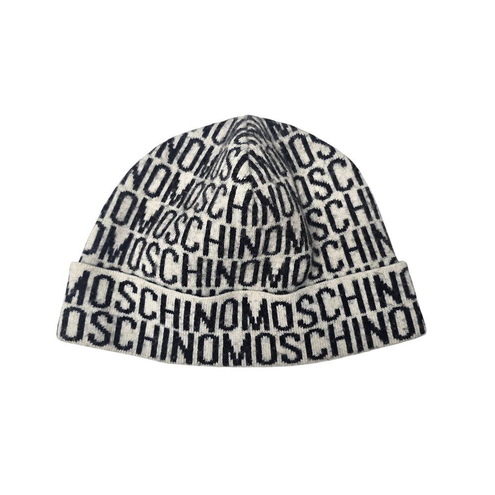 Moschino All Over Logo Knit Beanie Hat Cream Black Designer Winter Cap Womens